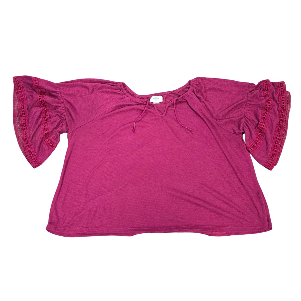 Old Navy Boho Bell Sleeve Top Women's Size XXL 16 Magenta Crochet Tri Tie Neck